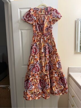 Boho Paisley Tiered Maxi Dress - Orange & Burgundy